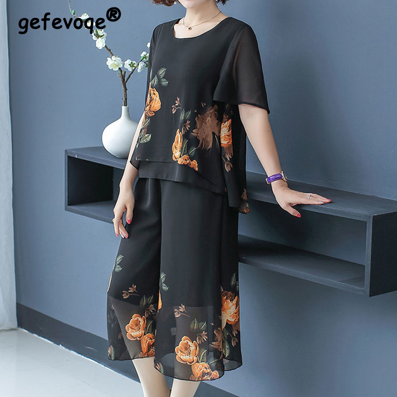 Summer Clothing Vintage - แฟชั่นหรูหราดอกไม้พิมพ์ลูกไม้ชุดสั้นฤดูร้อน 2025 O-คอเสื้อแขนสั้นลูกวัวความยาวกางเกงหลวมผู้หญิงเสื้อผ้า