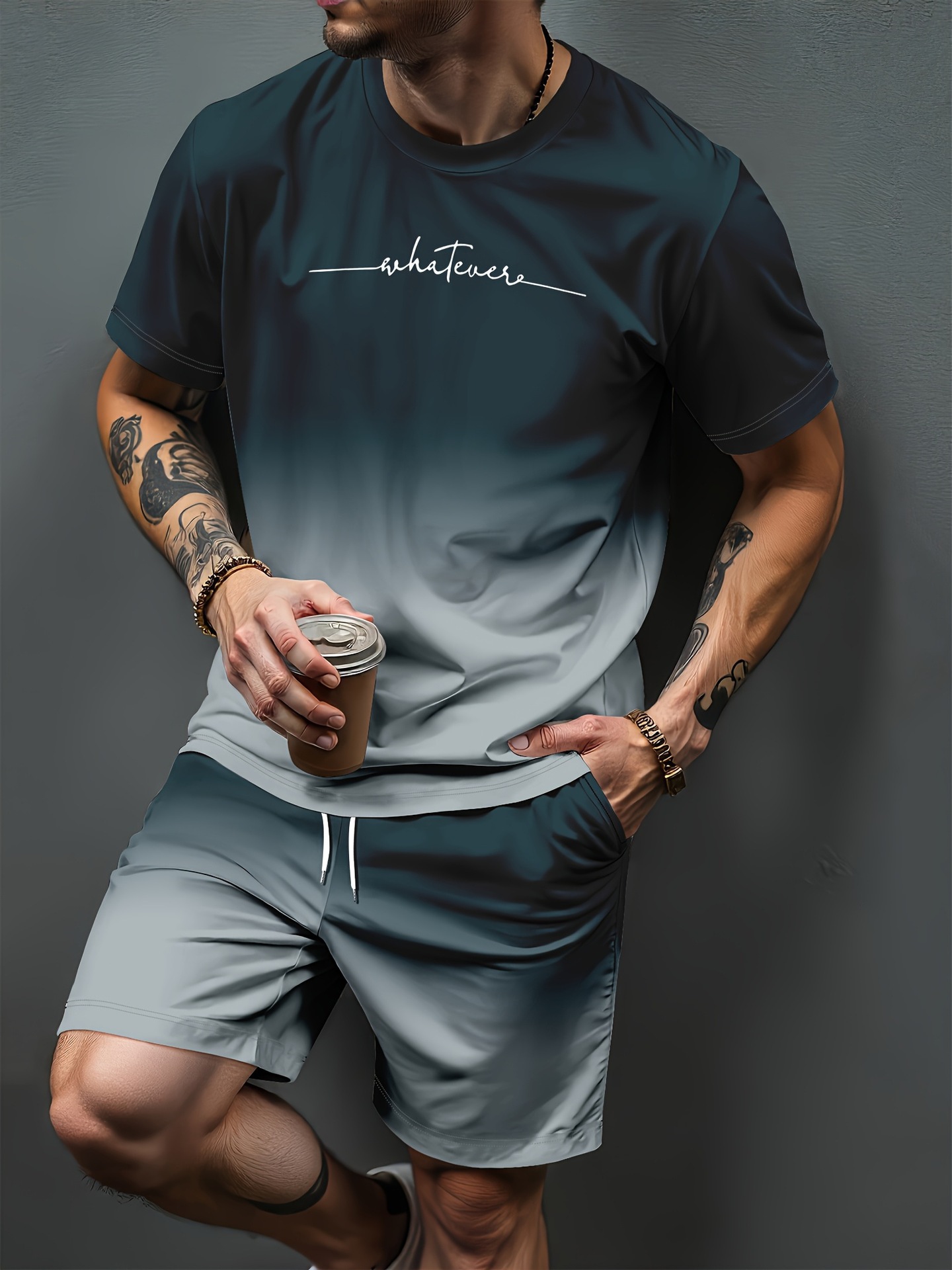 Summer Clothing Patterns - ชุดวอร์มพิมพ์ลายตัวอักษรไล่เฉดสี 3 มิติ สำหรับผู้ชายและผู้หญิง เสื้อยืดแขนสั้นลำลอง กางเกงขาสั้น