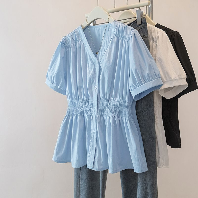 Summer Clothing In French - เสื้อเชิ้ตและเสื้อเบลาส์สำหรับสาวออฟฟิศไซส์ใหญ่ 200 ปอนด์ขึ้นไป เสื้อท่อนบนสีพื้น เสื้อผ้าผู้หญิง สไตล์ฝรั่งเศสเก๋ไก๋แบบเกาหลี