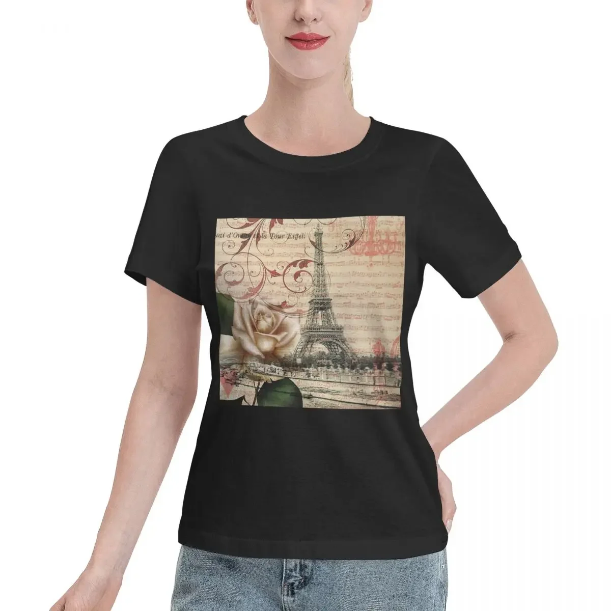 Summer Clothing In Paris - เสื้อยืดผู้หญิงลายดอกกุหลาบขาวสไตล์ฝรั่งเศสแนวดาร์คอะคาเดเมีย พร้อมลายหอไอเฟลปารีส แขนสั้น คอกลม ผ้าฝ้าย สำหรับฤดูร้อน