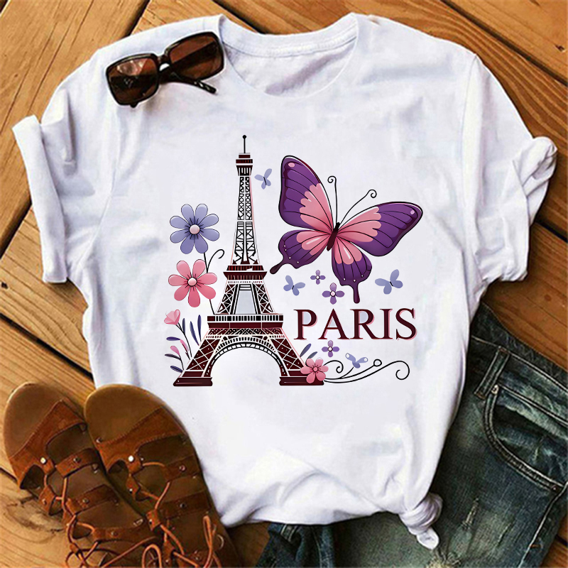 Summer Clothing In Paris - เสื้อยืดพิมพ์ลายดอกไม้ผีเสื้อสีสันสไตล์ยุค 90 ดีไซน์ปารีส แขนสั้น คอกลม ลำลอง
