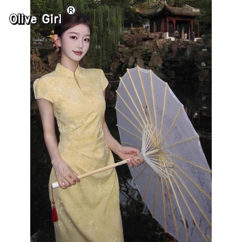 Summer Clothing Young Women - ชุดกี่เพ้าแบบปรับปรุงใหม่ ปี 2026 สำหรับสาวรุ่นใหม่ สีส้ม ใส่ได้ทุกวันในฤดูร้อน