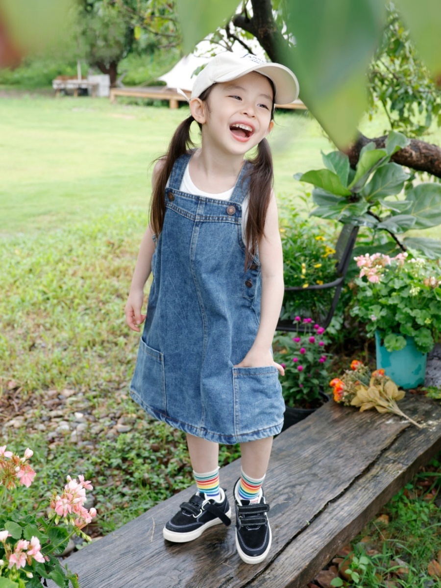 Vintage Summer Clothing Brand - ชุดเอี๊ยมยีนส์เด็กผู้หญิงสำหรับตั้งแคมป์กลางแจ้ง กระโปรงเอี๊ยมสไตล์วินเทจ ลุคเวิร์คแวร์ สำหรับฤดูร้อน แบรนด์เสื้อผ้าเด็ก Xiao