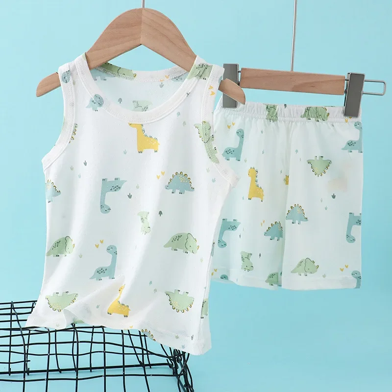 Summer Clothing Newborn - ชุดเสื้อกั๊กผ้าฝ้ายผสมใยไผ่สำหรับเด็ก ลายการ์ตูนน่ารัก ชุดฤดูร้อนแขนกุดบางเบา สำหรับเด็กผู้ชายและเด็กผู้หญิง ชุด 2