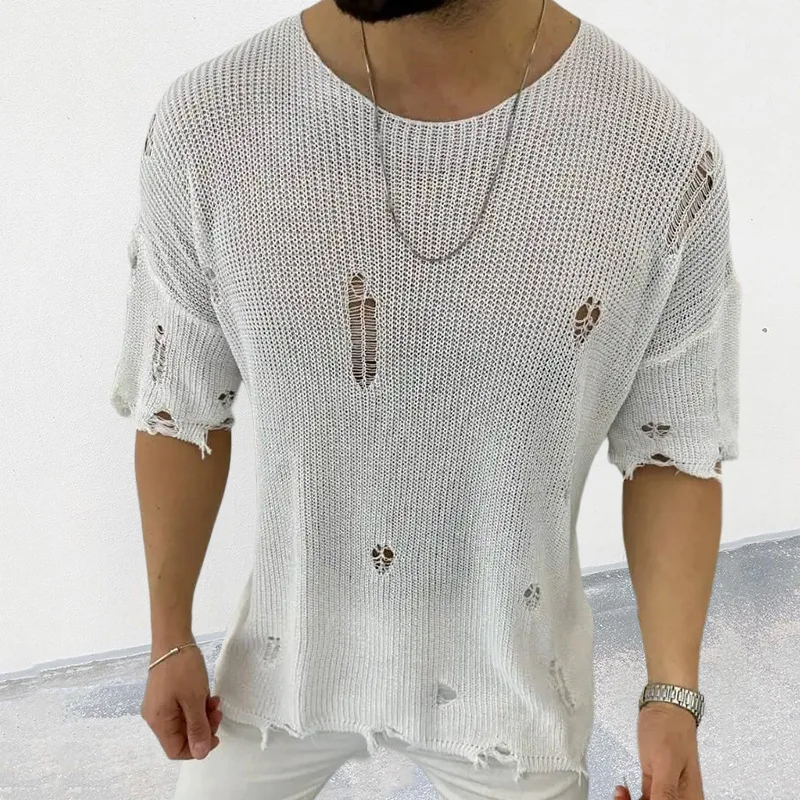 Summer Clothing Men 2025 - 2025 ฤดูร้อนใหม่ผู้ชายสีทึบเสื้อกันหนาวรอบคอแขนสั้น Hollow-OUT เสื้อกันหนาว TOP เสื้อ