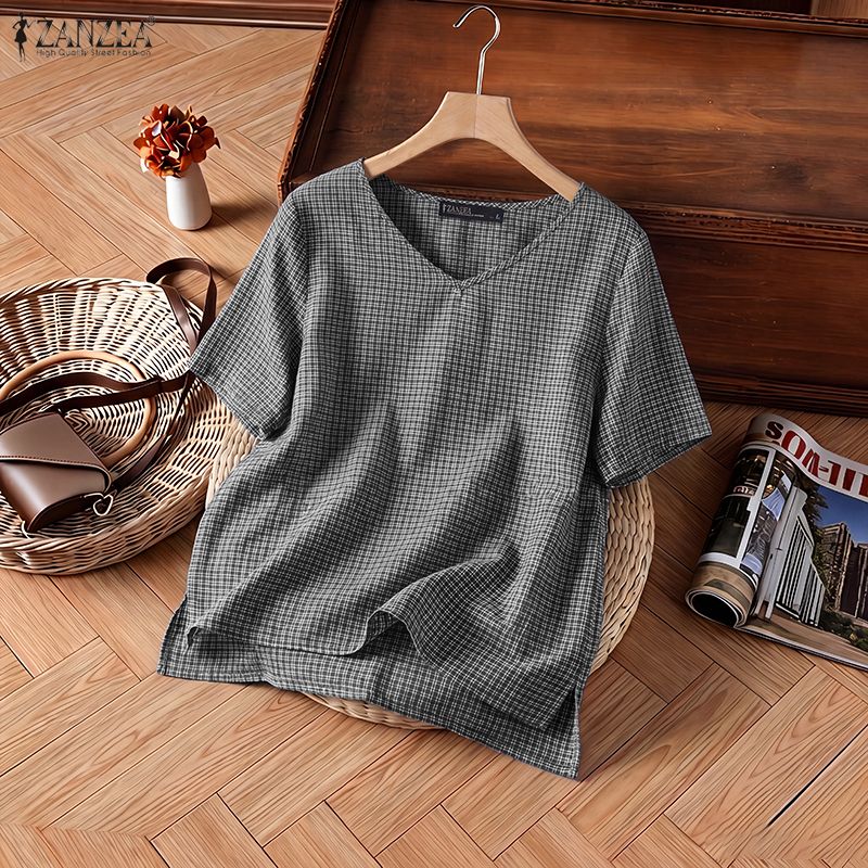 Summer Clothing Vintage - เสื้อผู้หญิงแขนสั้นลายสก็อตสำหรับฤดูร้อน คอโอเว้า ผ่าข้าง ชายเสื้อสั้นยาวไม่เท่ากัน ลายตาราง ZANZEA