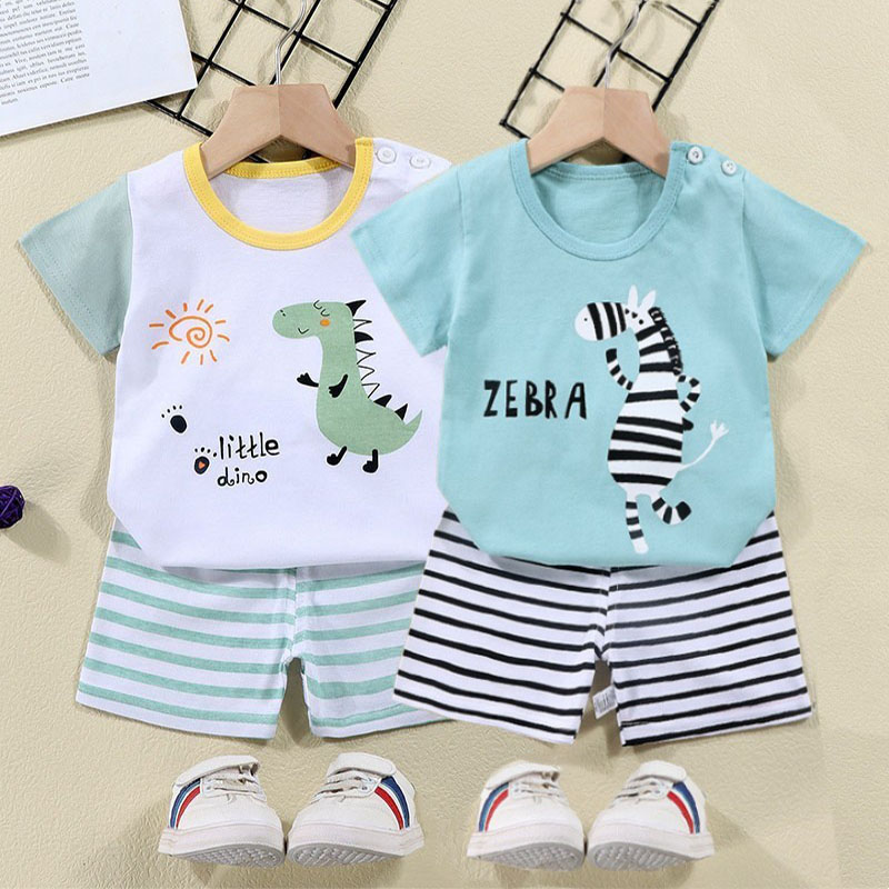 Summer Clothing Newborn - ผ้าฝ้ายTees + กางเกงขาสั้น 2 ชิ้นชุดเด็กการ์ตูนZebraไดโนเสาร์พิมพ์ฤดูร้อนชุดเด็กชายหญิงเด็ก 1-6