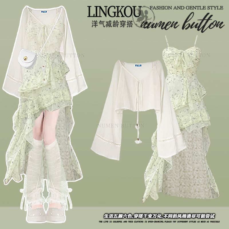 Summer Clothing Wear - ชุดเสื้อผ้าฤดูร้อนสำหรับผู้หญิง ชุดป้องกันแสงแดด ชุดเดรสสายเดี่ยวลายดอกไม้สีเขียว ชุดสองชิ้น