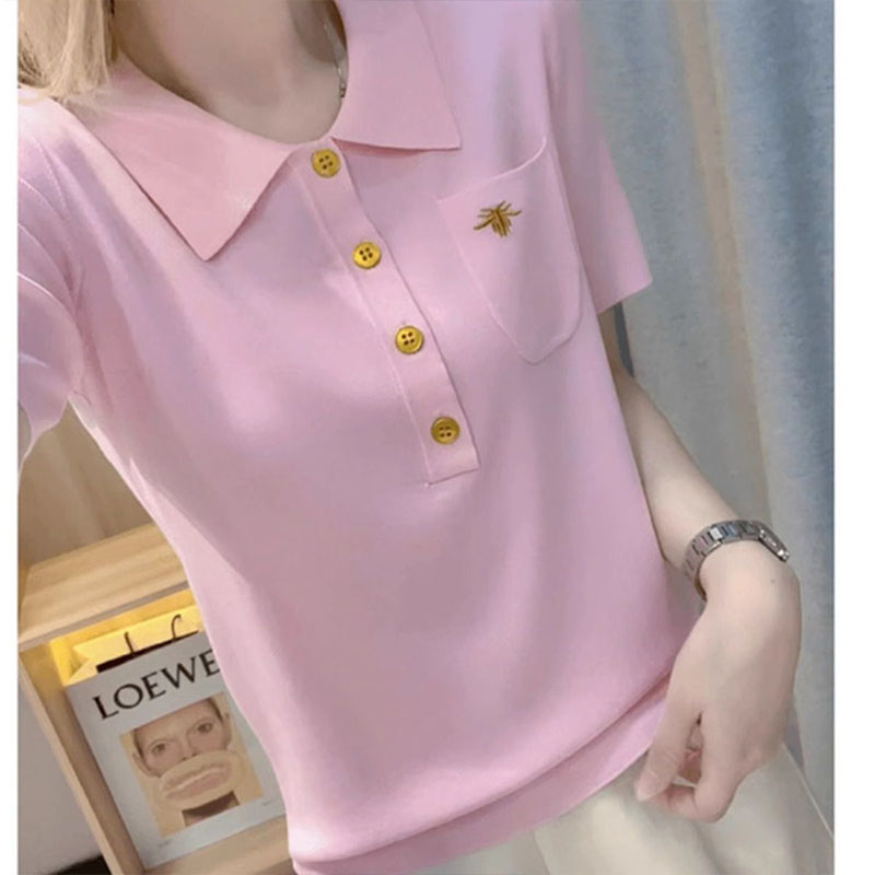 Summer Clothing Young Women - เสื้อผ้าผู้หญิงสาวสไตล์เสื้อยืดฤดูร้อนเย็บปักถักร้อยถักแขนสั้น TEE Lady Basic อเนกประสงค์ Turn-Down