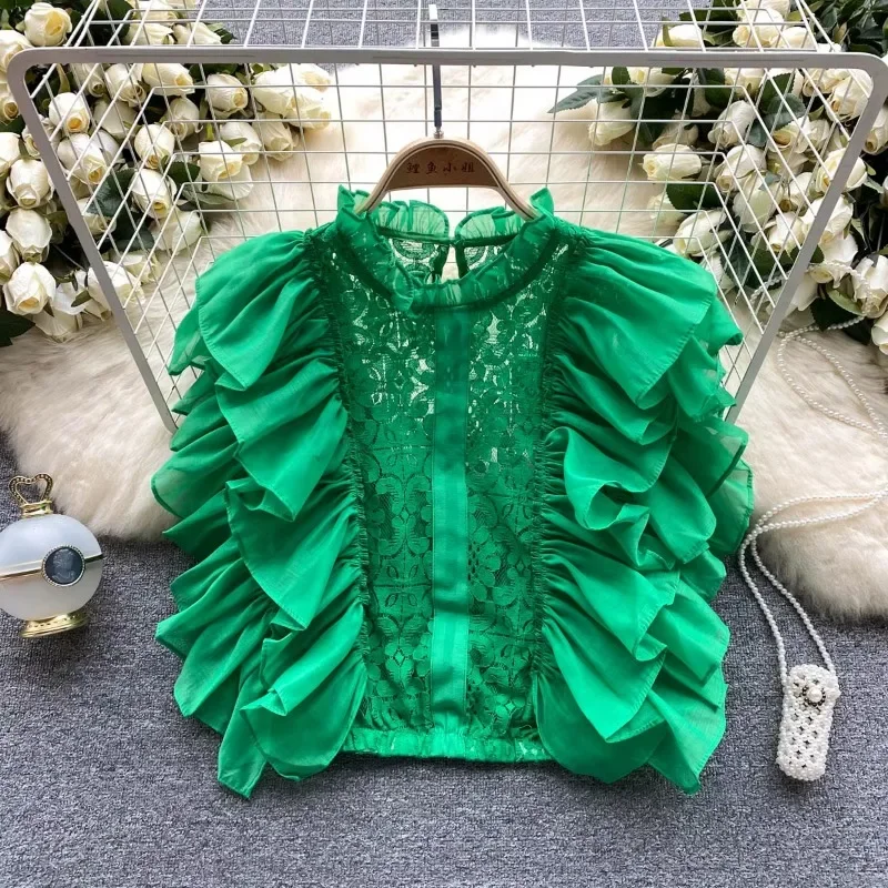 Summer Clothing In French - Vintage Elegant Laceกลีบแขนเสื้อภาษาฝรั่งเศสคําHollow Out Hookดอกไม้เสื้อสบายๆChic Top