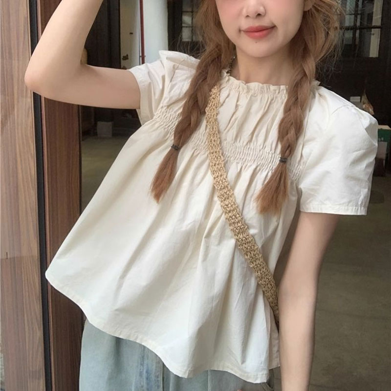 Summer Clothing In French - Shirring เสื้อสีทึบเสื้อผ้าหญิงหวานแขนสั้นฤดูร้อนสไตล์ฝรั่งเศสสบายๆพับหลวม O-คอเสื้อใหม่