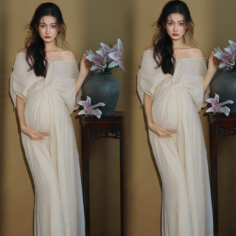 Summer Clothing In French - สตรีคลอดบุตรถ่ายภาพภาษาฝรั่งเศสคําสีขาว Elegant V คอปิดไหล่ชุดสําหรับการตั้งครรภ์สตูดิโอถ่ายภาพเสื้อผ้า Fotografia
