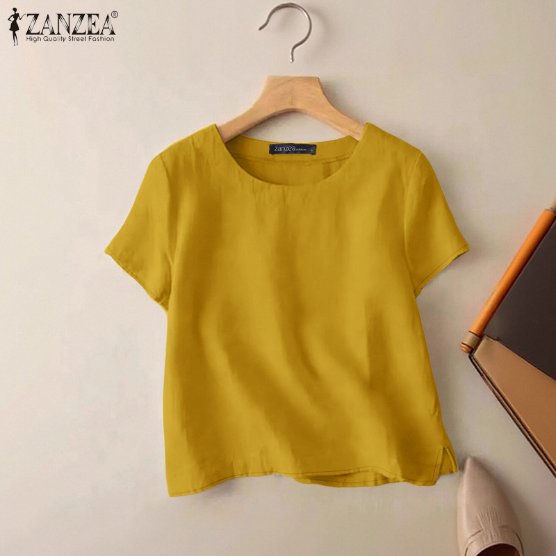 Summer Clothing Wear - ZANZEA เสื้อผ้าฝ้ายลำลองสำหรับฤดูร้อนสำหรับผู้หญิง O-Neck แขนสั้นด้านข้างผ่าบางเสื้อใส่กลางวันสีทึบบลูซาส เด มูเยร์
