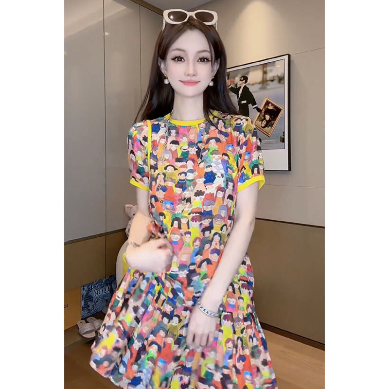 Summer Clothing Young Women - เดรสแฟชั่นคอกลมพิมพ์ลายการ์ตูนดอกไม้ เสื้อผ้าผู้หญิง ฤดูร้อน ใหม่ สไตล์หลวมๆ สำหรับวัยรุ่น
