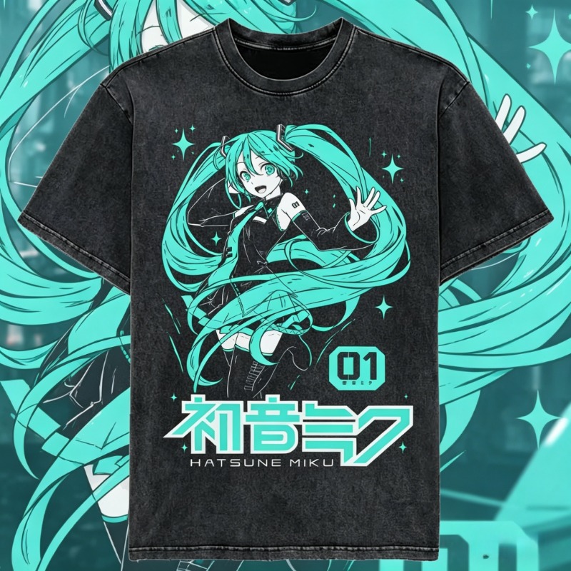 Japanese Summer Clothing Men - เสื้อยืดลายกราฟิก Hatsune Miku สไตล์วินเทจ ล้างสีแบบวินเทจ สำหรับฤดูร้อนปี