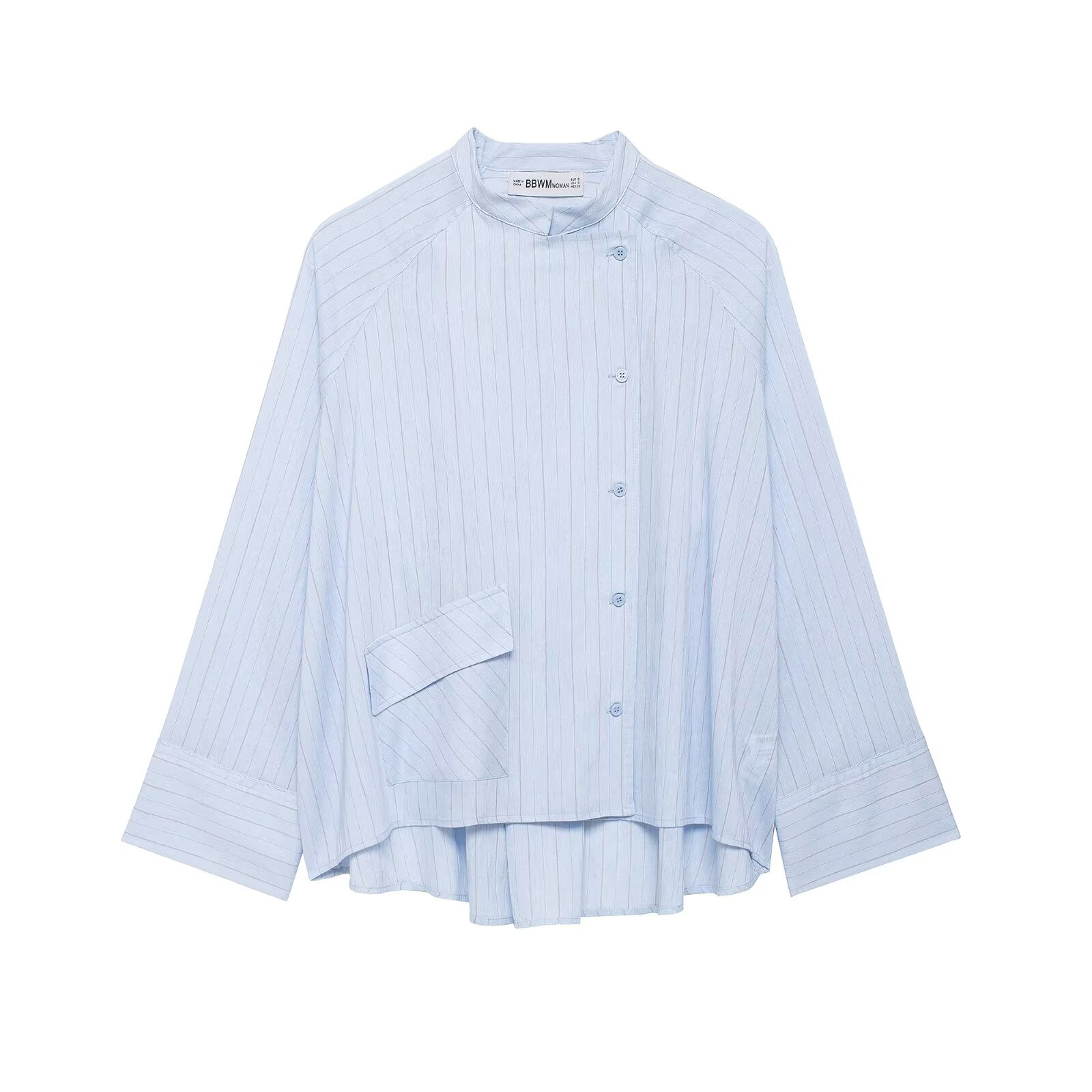 Summer Clothing In French - เสื้อเชิ้ตลายทางทรงเอ คอทรงกลม แขนยาว ชายเสื้อไม่สมมาตร มีกระเป๋าหน้าอก สำหรับผู้หญิง