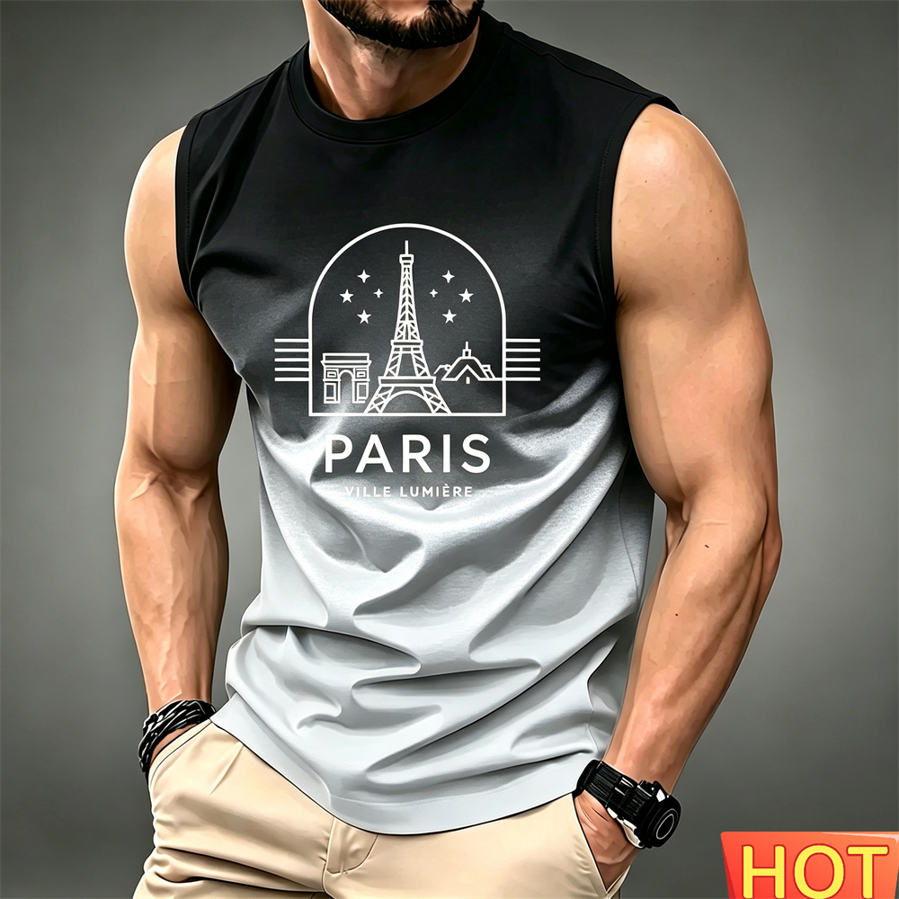 Summer Clothing In Paris - เสื้อยืดแขนกุดไล่เฉดสีสำหรับผู้ชายฤดูร้อน เสื้อยืดคอกลมระบายอากาศได้ดี เสื้อผ้าผู้ชายลำลอง เสื้อยืดลายกราฟิกปารีสสำหรับเล่นกีฬา