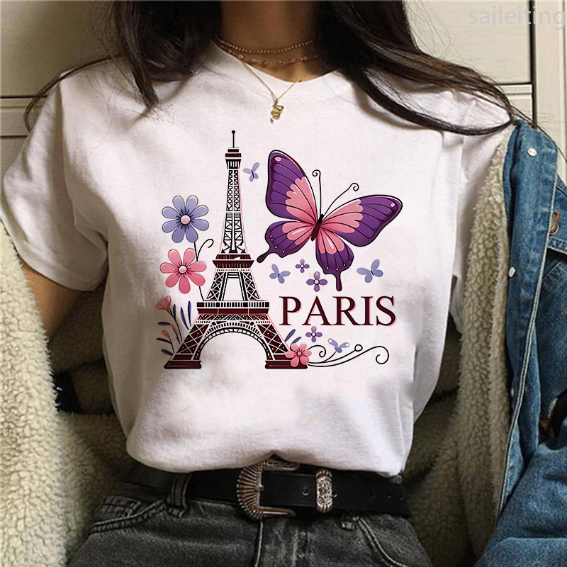 Summer Clothing In Paris - 90 สีดอกไม้ผีเสื้อปารีสออกแบบพิมพ์เสื้อยืดแขนสั้นฮาราจูกุแขนเสื้อผ้าผู้หญิงสตรีทความงามเสื้อผ้า