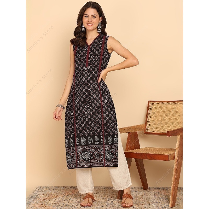 Summer Clothing India - เสื้อคลุมสไตล์อินเดียสำหรับผู้หญิง สีดำ-เขียว ผ้าฝ้าย แขนกุด ลายพิมพ์เพสลีย์ เสื้อคลุมลำลองสำหรับฤดูร้อน