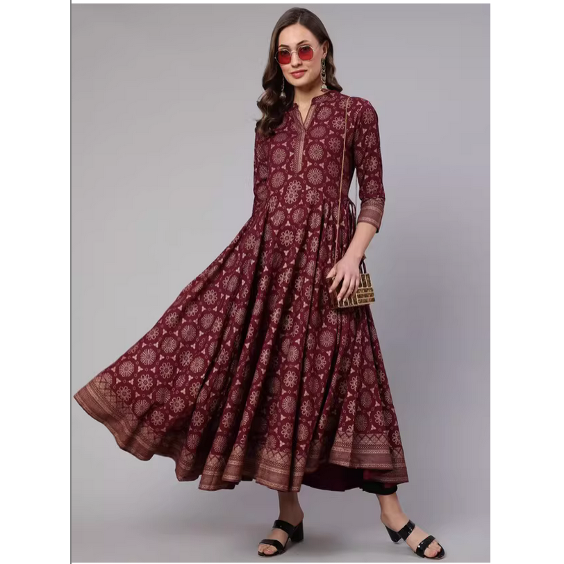 Summer Clothing India - คอลเลกชันฤดูใบไม้ผลิ/ฤดูร้อน ชุดเดรสยาวสีแดงเบอร์กโดซ์ คอตั้ง ลายพิมพ์ผ้าไหมสไตล์ชาติพันธุ์อินเดีย