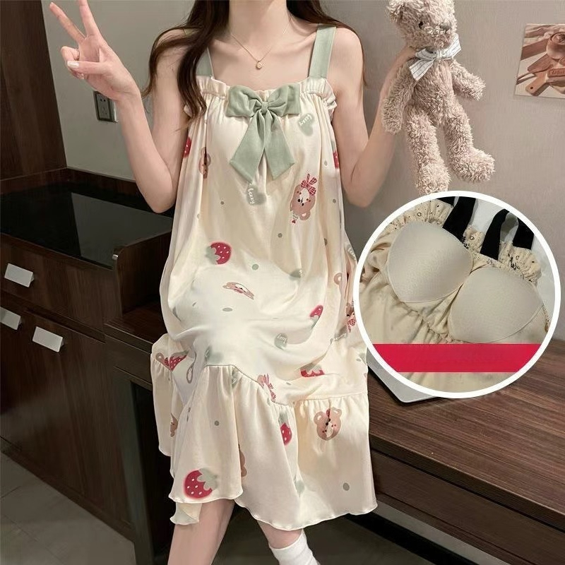 Summer Clothing Young Women - ชุดนอนเจ้าหญิงแสนหวานน่ารักสำหรับเด็กสาวพร้อมแผ่นรองหน้าอก ชุดนอนฤดูร้อนที่เป็นมิตรกับผิว เสื้อผ้าสำหรับใส่ในบ้าน ของขวัญวันหยุด