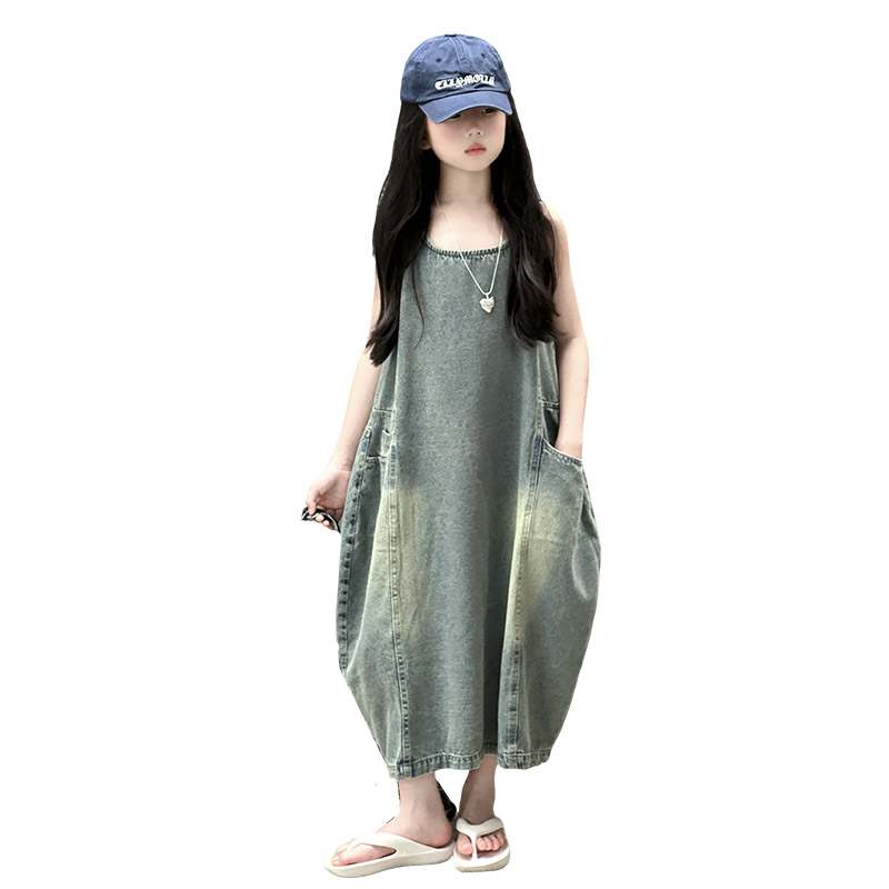 Summer Clothing Vintage - Vintage Blue เด็กหญิงคุณภาพสูงแขนกุด Denim ชุด Streetwear