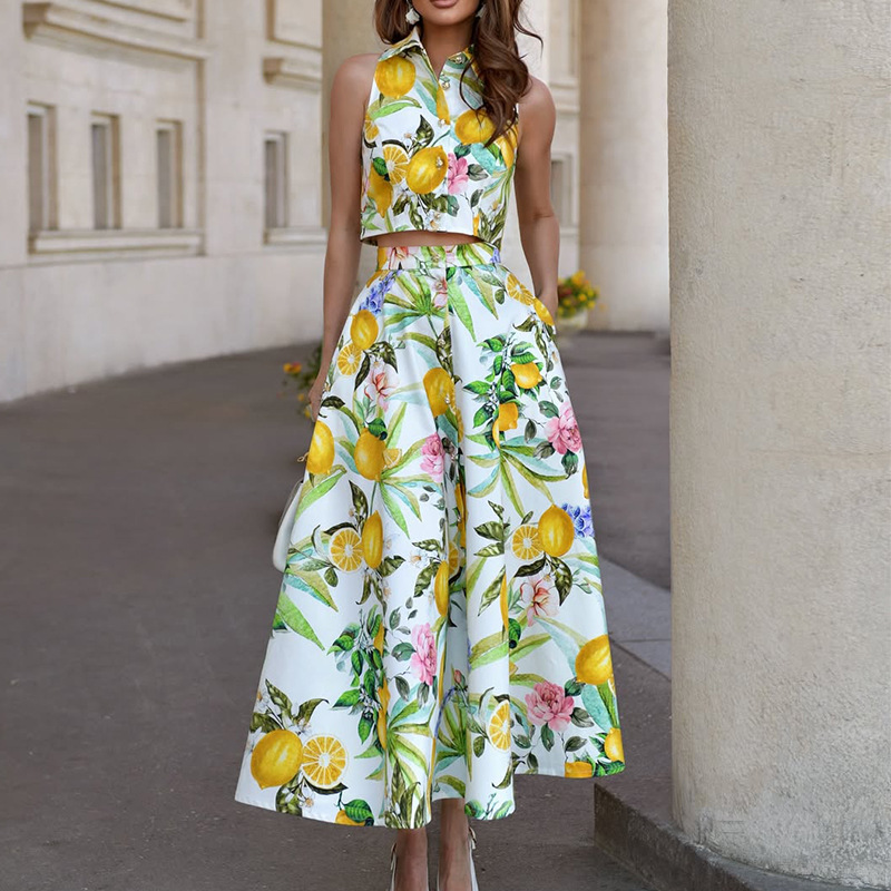 Summer Clothing For Girls - ชุดเซ็ตกระโปรงลายเลมอนแขนกุดสำหรับผู้หญิง + กระโปรงมีกระเป๋า 2 ชิ้น แฟชั่นฤดูร้อนใหม่