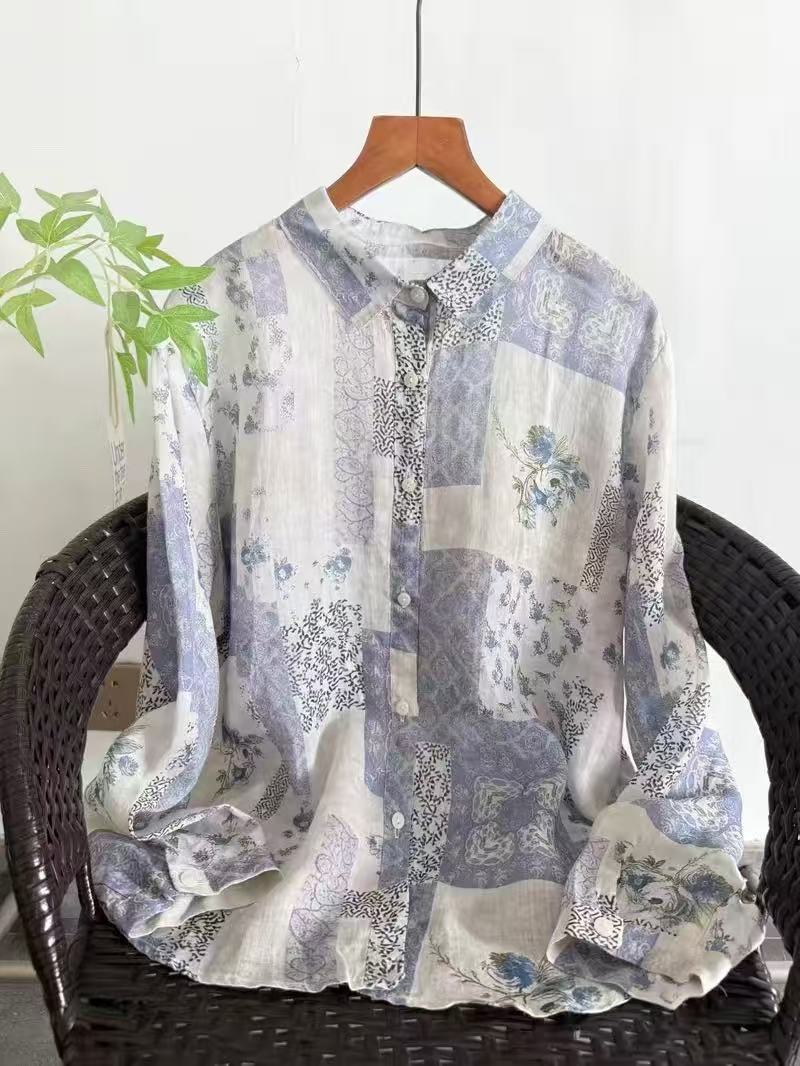 Vintage Summer Clothing Brand - เสื้อเชิ้ตและเสื้อเบลาส์ผ้าลินินรามี 100% สำหรับผู้หญิง ลายดอกไม้สไตล์วินเทจ แขนยาว เสื้อผ้าแบรนด์หรูของแท้สำหรับผู้หญิง