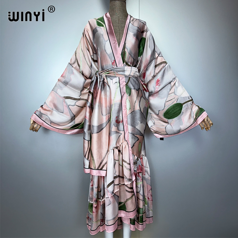 Summer Clothing Young Women - ชุดเดรสพิมพ์ลาย WINYI Africa Daily พร้อมเข็มขัดสำหรับผู้หญิง เสื้อผ้าฤดูร้อนสไตล์กิโมโน