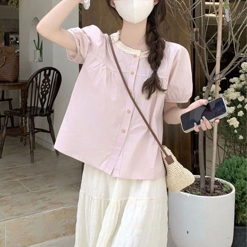 Summer Clothing In French - แฟชั่นลูกไม้ Spliced เสื้อฤดูร้อนหวานพัฟเสื้อ \ \ \