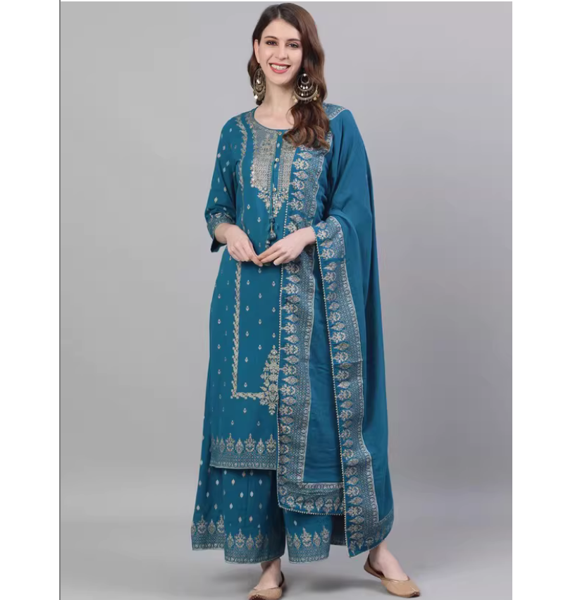 Summer Clothing India - ชุดสามชิ้นลายพิมพ์สไตล์อินเดีย ผ้าฝ้าย 100% สีน้ำเงินกรมท่า สำหรับฤดูใบไม้ผลิและฤดูร้อน