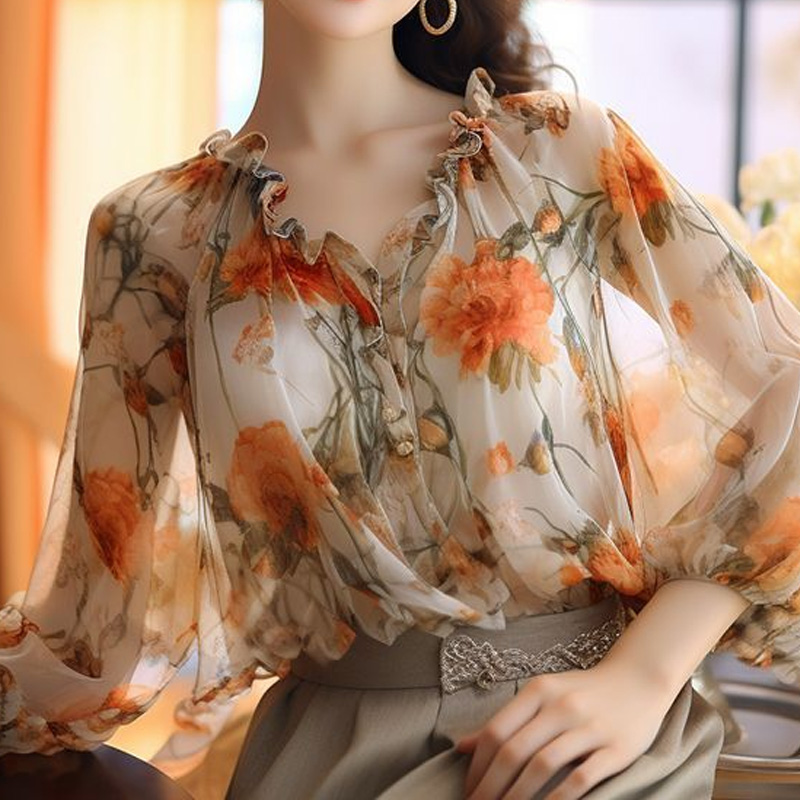 Summer Clothing Young Women - เสื้อสวมหัวพิมพ์ลายหวาน Baju atasan Bunga 2024สำหรับผู้หญิงเสื้อยืดคอวีแฟชั่นบางแขนยาวสำหรับฤดูร้อน