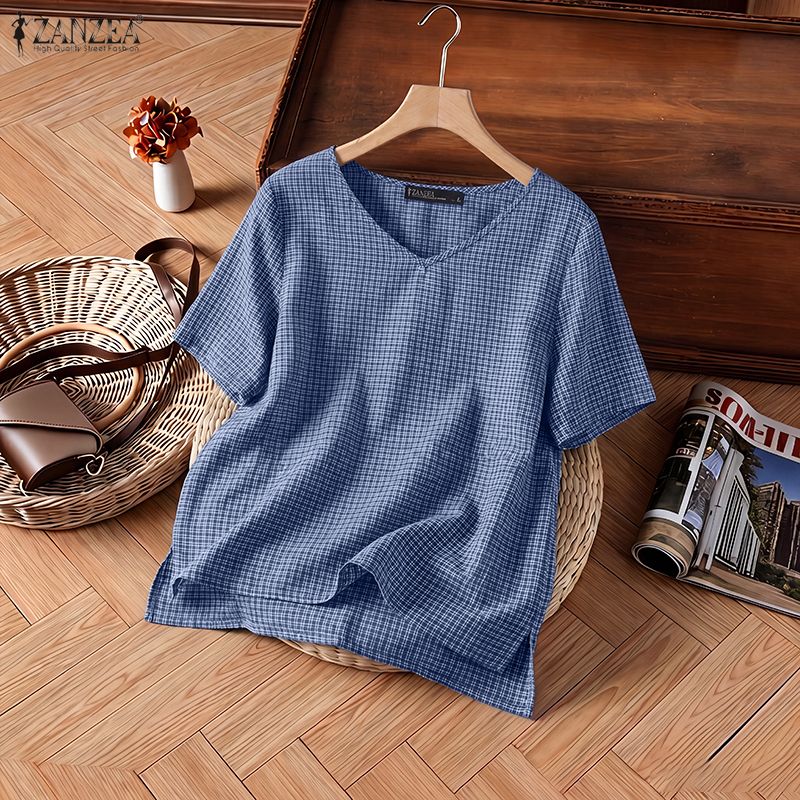 เสื้อผู้หญิงแขนสั้นลายสก็อตสำห - Summer Clothing Vintage บทวิจารณ์และราคา