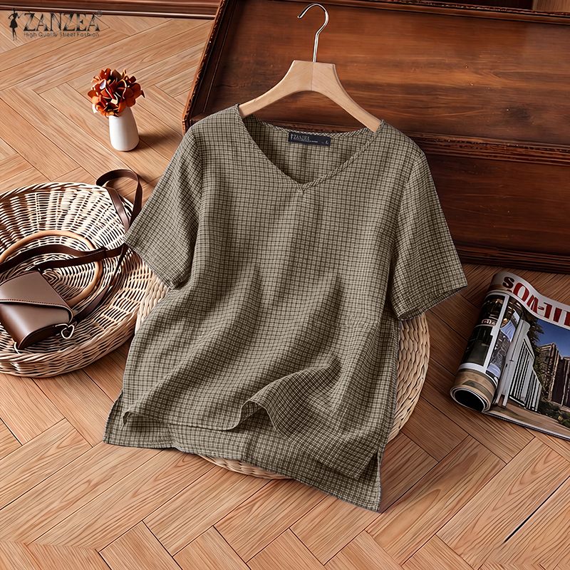 เสื้อผู้หญิงแขนสั้นลายสก็อตสำห - Summer Clothing Vintage บทวิจารณ์และราคา