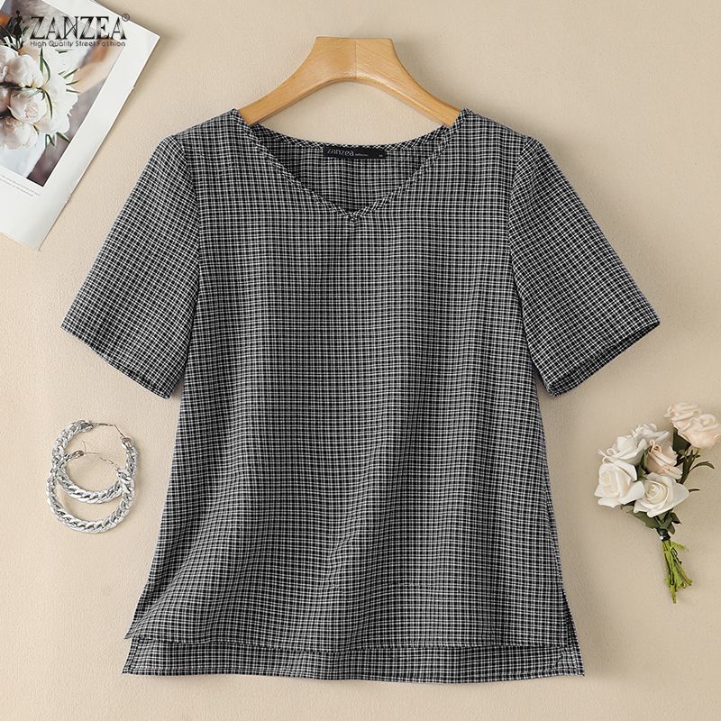 เสื้อผู้หญิงแขนสั้นลายสก็อตสำห - Summer Clothing Vintage บทวิจารณ์และราคา