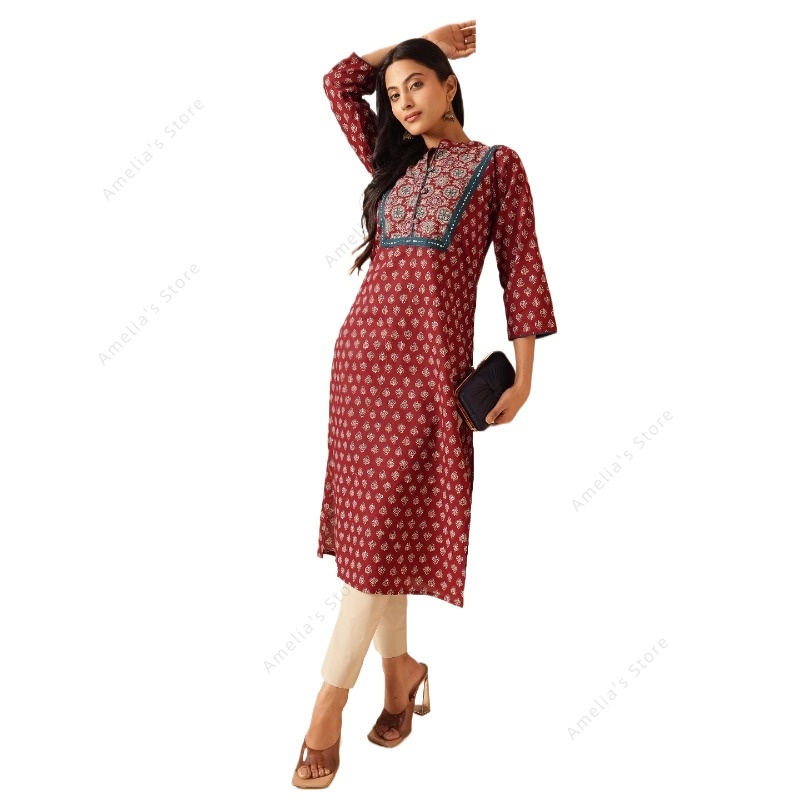 ชุดคุर्ตาพิมพ์ลายดอกไม้สีแดงเล - Summer Clothing India บทวิจารณ์และราคา