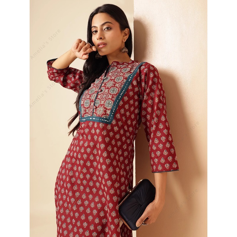 ชุดคุर्ตาพิมพ์ลายดอกไม้สีแดงเล - Summer Clothing India บทวิจารณ์และราคา
