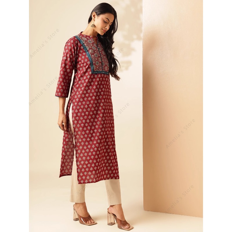 ชุดคุर्ตาพิมพ์ลายดอกไม้สีแดงเล - Summer Clothing India บทวิจารณ์และราคา
