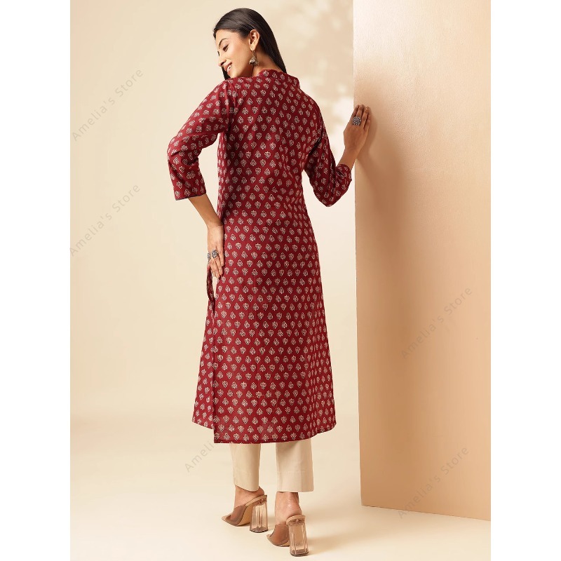 ชุดคุर्ตาพิมพ์ลายดอกไม้สีแดงเล - Summer Clothing India บทวิจารณ์และราคา