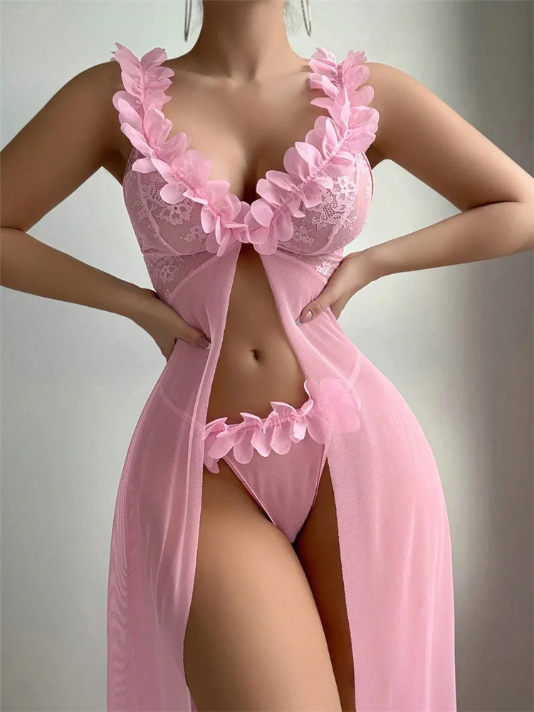 ชุดนอนซีทรูลูกไม้สีชมพู ชุดชั้ - Summer Clothing Petite บทวิจารณ์และราคา