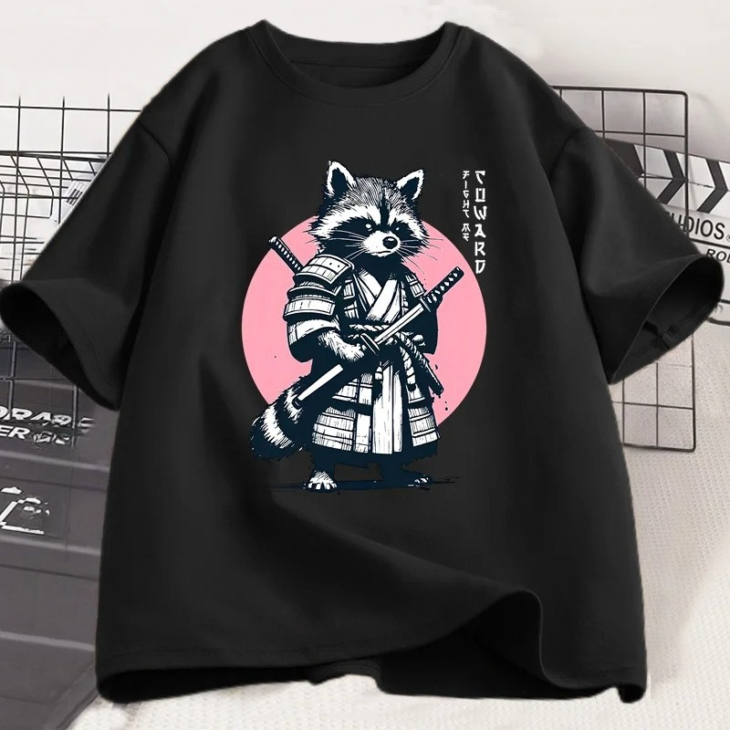 เสื้อยืดลายแรคคูนซามูไรวินเทจ  - Japanese Summer Clothing Men บทวิจารณ์และราคา
